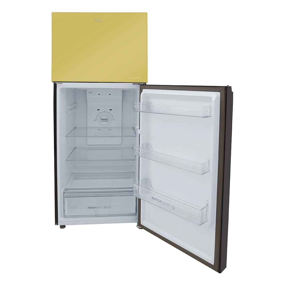 Haier Vogue Series 328L , Yellow Grey Glass Finish Top Mount Frost Free 10 in 1 Convertible Refrigerator HRF-3783YGG